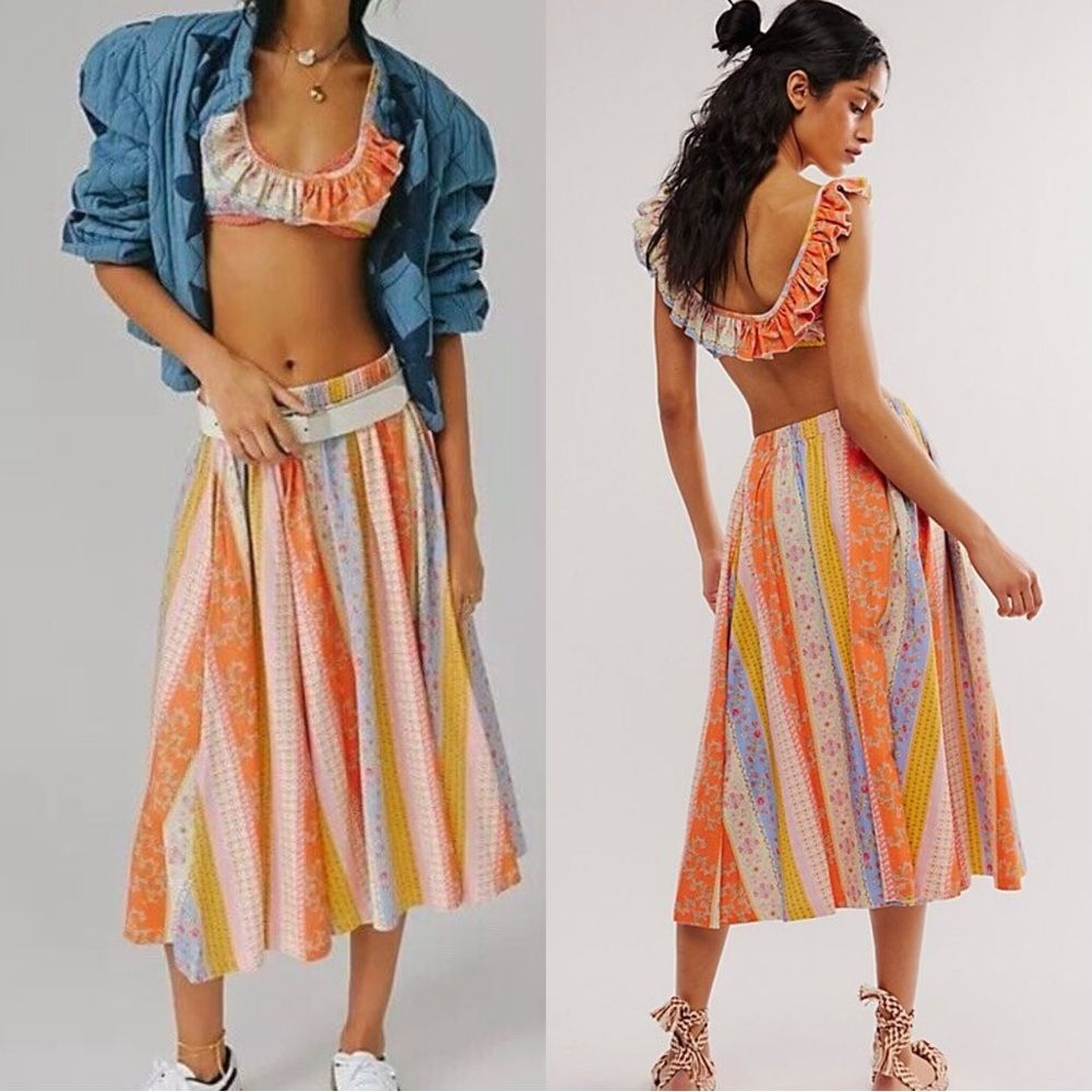 NWT Free People As It Was Oaks Multi Floral Ruffle Top Midi Skirt Combo Set